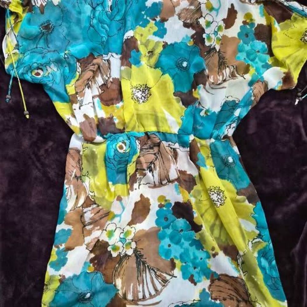 Women's Size 10 Essentials by ABS Sheer Two Layer Blue Green Brown Floral Waist